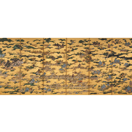 「戦国時代展」で展示される、《国宝 上杉本 洛中外図屏風 左隻 狩野永徳 16世紀後期 米澤氏上杉博物館蔵》 ※京都会場で展示